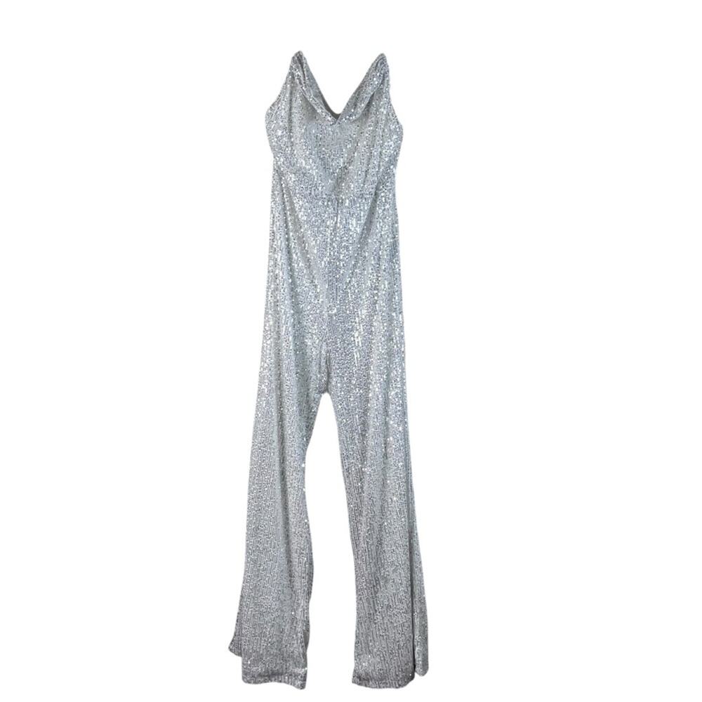 Baltic Born NWT Willett Sequin Jumpsuit Silver XL Wide Leg Drapey Party Cocktail - Picture 4 of 15